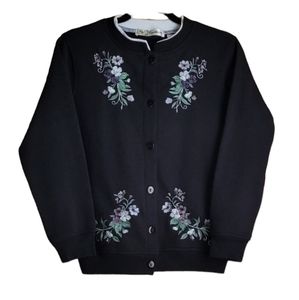 Feathers Petites Black Long Sleeve Button Front Jacket W/Floral Embroidery SP
